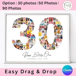 30th Birthday Photo Collage, Birthday Number 30 Printable, 30th Birthday Gift, Number 30 Collage, 30th Photo Collage Template