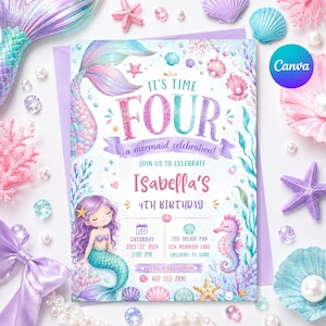 May include: A rectangular birthday invitation card featuring a mermaid theme with pastel colors, a purple mermaid tail, a cartoon mermaid, and a seahorse. The text reads: IT'S TIME FOUR a mermaid celebration! JOIN US TO CELEBRATE Isabella's 4TH BIRTHDAY.