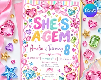 May include: A rectangular birthday invitation card with a pastel striped border, featuring the text 'SHE'S A GEM' and 'Amelia is Turning 8'. The design is decorated with colourful illustrations of faceted heart, star, and diamond-shaped gems.