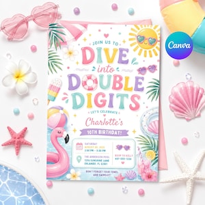Editable Girl Tropical Dive into Double Digits 10th Birthday Beach Party Invitation Pool Water Park Birthday Digital Template, U28