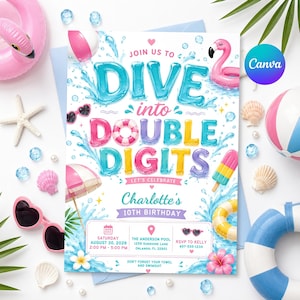 May include: A rectangular birthday invitation card featuring the text DIVE into DOUBLE DIGITS and Charlotte's 10TH BIRTHDAY. The design includes colourful pool-themed graphics like flamingos, beach balls, sunglasses, and water splashes.