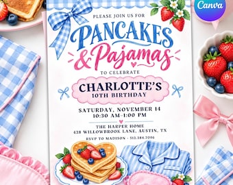 May include: A birthday invitation card featuring the text Pancakes & Pajamas to celebrate Charlotte's 10th birthday. The design includes blue gingham patterns, watercolour illustrations of heart-shaped pancakes with strawberries and blueberries, and a pink sleep mask.