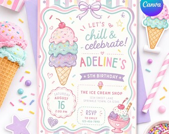 Süße Geburtstagseinladung, Vorlage für eine Eiscreme-Geburtstagseinladung, Süßigkeitenparty mit Donuts und Eiscreme, bearbeitbare Canva-Vorlage, SW 09