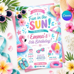 Fun in the Sun Birthday Invitation, Beach Theme Kids Party Invite, Splish Splash Summer Swim, Digital Summer Birthday Download, P12