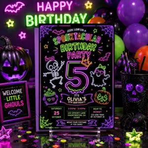 editable Halloween birthday invitation, neon spooky kids party card, colorful costume celebration invite, printable Canva birthday template, glowing ghost pumpkin party, cute witch Halloween invitation, bright orange purple green design, customizable digital Halloween card, instant download party invitation, fun spooky birthday event, neon Halloween night celebration, editable printable kids invite, glow costume party announcement, cute scary birthday party template