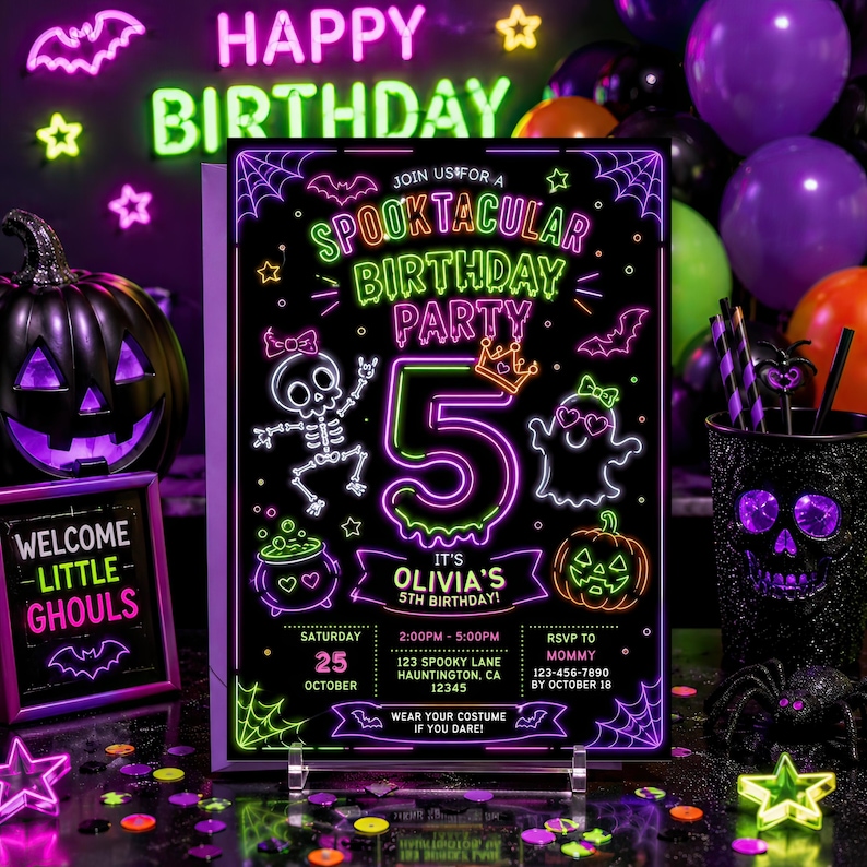 editable Halloween birthday invitation, neon spooky kids party card, colorful costume celebration invite, printable Canva birthday template, glowing ghost pumpkin party, cute witch Halloween invitation, bright orange purple green design, customizable digital Halloween card, instant download party invitation, fun spooky birthday event, neon Halloween night celebration, editable printable kids invite, glow costume party announcement, cute scary birthday party template