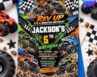 May include: A monster truck birthday invitation card featuring five colourful monster trucks, checkered flags, and mud splatters. Text reads: REV UP IT'S A MONSTER BIRTHDAY, JACKSON'S 5TH BIRTHDAY, SATURDAY AUGUST 23, 2026, 2:00 PM - 5:00 PM, JACKSON'S RACEWAY.