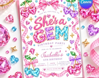 May include: A birthday party invitation card featuring pink and blue gem-shaped cherries, pink gingham ribbons, and sparkling crystals. The text reads: You're invited to She's a Gem Birthday Party, Join us to celebrate Isabella's 6th Birthday.