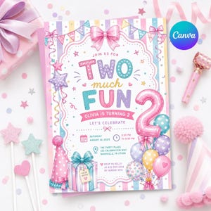 Op de afbeelding: Een verjaardagsuitnodigingskaart met pastelkleurige strepen, een grote roze strik en de tekst "TWO much FUN" met "OLIVIA IS TURNING 2". Het ontwerp bevat illustraties van ballonnen, een cadeau, een feesthoedje en de details van het evenement.