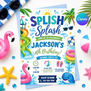 May include: A rectangular birthday invitation card featuring a colorful water park theme with a yellow slide, a pink flamingo float, a blue whale, and beach balls. The text reads Splish Splash, Join Us To Celebrate Jackson's 8th Birthday, Saturday, August 17th, 2:00 PM to 5:00 PM, Splash Zone, 1234 Waterside Way, Orlando, FL 32801, Fun, Splashes & Good Times, RSVP to Mom 407-555-7890.