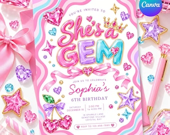 May include: A rectangular birthday invitation card featuring the text She's a GEM, Sophia's 6TH BIRTHDAY, and event details. The design includes pink and blue wavy borders, a gold crown, heart-shaped gems, and cherry-shaped crystals.