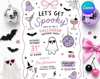 May include: A rectangular Halloween birthday party invitation featuring a white background with a wavy purple border. The text reads Let's Get Spooky, Join Us For A Halloween Birthday Party, Saturday October 31st at 8:00PM, Hosted By The Johnsons, 22 Maple Avenue Nashville, TN 37207, Please RSVP To Ellie at 123.456.7890. Illustrations include a ghost with heart sunglasses, a disco ball, cocktails, bats, and a pink bow.