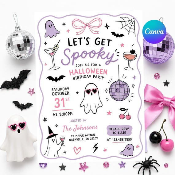 Lets get spooky party invite, Ghost Party Invitation, Halloween birthday kids invite, Halloween Costume Party Invitation editable, HL 12