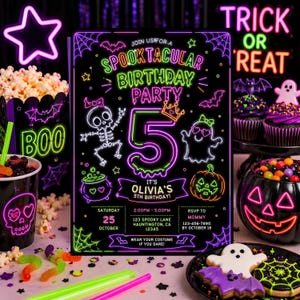 kids neon Halloween party invitation, editable spooky birthday Canva invite, glowing ghost and bat party card, colorful pumpkin celebration template, printable Halloween birthday invitation, bright costume party invite, customizable digital party template, cute witch monster Halloween card, instant download printable invite, fun neon spooky celebration, editable Halloween event announcement, glow birthday party for kids, orange purple green invitation, spooky cute party card