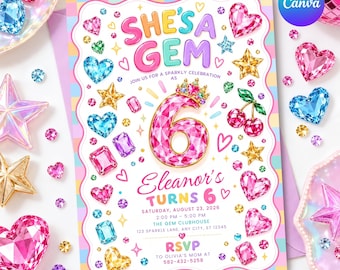May include: A rectangular birthday invitation card with a white background and a pastel checkered border. The text reads: She's a Gem, Join us for a sparkly celebration as 6, Eleanor's turns 6, Saturday, August 23, 2026, 2:00 PM - 5:00 PM, The Gem Clubhouse, 123 Sparkle Lane, Any City, ST 12345, RSVP to Olivia's at 582-432-5258. The design features colourful gemstone illustrations in heart, star, and cherry shapes.