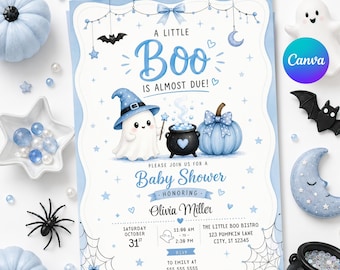 May include: A rectangular baby shower invitation card featuring a light blue and white theme with a ghost wearing a wizard hat, a black cauldron, and a blue pumpkin. The text reads A LITTLE BOO IS ALMOST DUE, Baby Shower, and Olivia Miller.