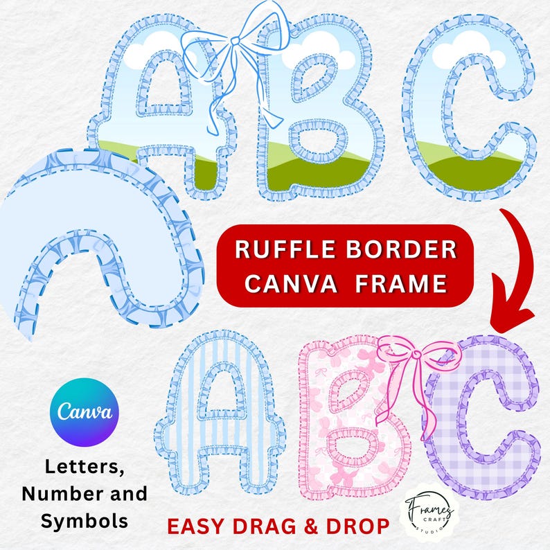 alphabet frames, Ruffle border Canva letters for classroom decor, editable ruffle Canva frame alphabet templates, pastel ruffle doodle Canva letters, whimsical Canva ruffle borders, customizable Canva frames with letters, printable ruffle alphabet Canva frame, cute ruffle edge Canva font style, Canva template letters with ruffle edge, scrapbook style ruffle border Canva design, digital alphabet with ruffled border in Canva