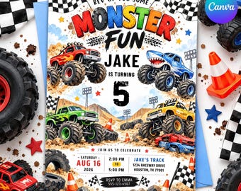 May include: A birthday invitation card featuring monster trucks, checkered flags, and dirt tracks. Text reads: Rev up for some Monster Fun, Jake is turning 5, Saturday Aug 16 2026, 2:00 PM to 5:00 PM, Jake's Track 1234 Raceway Drive Houston, TX 77001, RSVP to Emma 555-123-4567.