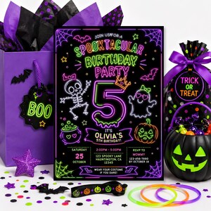 Halloween birthday party invitation template, editable neon kids party invite, glowing spooky ghost card, colorful costume celebration invitation, printable Canva Halloween card, bright pumpkin witch party theme, customizable digital birthday template, instant download spooky invite, fun children’s Halloween party, neon orange purple green design, editable glow celebration card, cute monster birthday invitation, Halloween night event template, spooky season kids party announcement