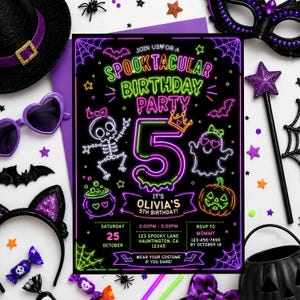 Halloween spooky party invitation, editable neon birthday invite, kids costume party Canva template, glowing pumpkin ghost invitation, colorful Halloween celebration card, printable digital party invite, cute monster birthday invitation, neon witch and bat party theme, customizable Halloween birthday template, instant download printable card, bright spooky season event, fun Halloween invitation for children, editable glow party announcement, colorful costume birthday celebration