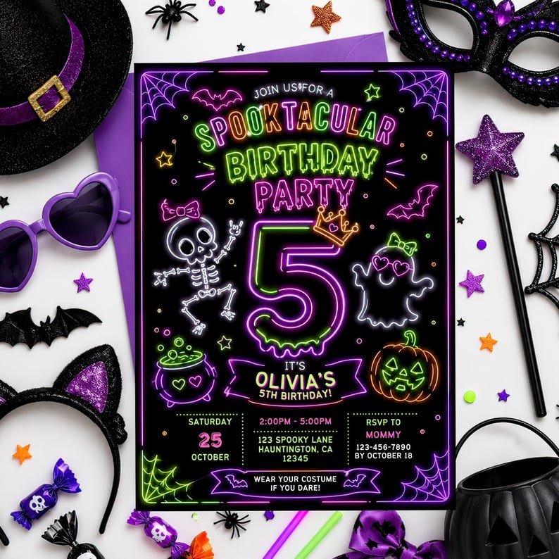 Halloween spooky party invitation, editable neon birthday invite, kids costume party Canva template, glowing pumpkin ghost invitation, colorful Halloween celebration card, printable digital party invite, cute monster birthday invitation, neon witch and bat party theme, customizable Halloween birthday template, instant download printable card, bright spooky season event, fun Halloween invitation for children, editable glow party announcement, colorful costume birthday celebration