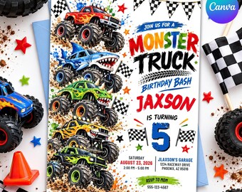 May include: A monster truck birthday party invitation featuring five colourful monster trucks, checkered flags, and stars. The text reads: JOIN US FOR A MONSTER TRUCK BIRTHDAY BASH, JAXSON IS TURNING 5, SATURDAY AUGUST 23, 2026, 2:00 PM - 5:00 PM.