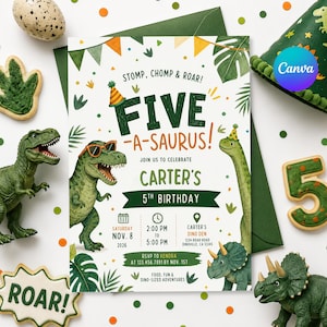May include: A rectangular birthday invitation card featuring green dinosaurs, tropical leaves, and orange bunting. Text reads: STOMP, CHOMP & ROAR! FIVE-A-SAURUS! CARTER'S 5TH BIRTHDAY, SATURDAY NOV. 8 2026, 2:00 PM TO 5:00 PM, CARTER'S DINO DEN, 1234 ROAR ROAD.