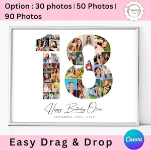 18th Birthday Photo Collage, Editable 18th Birthday, 18th Birthday Gift, 18th Photo Collage Template, Birthday Number 18 Printable, Canva