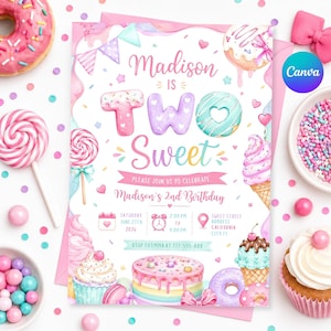 Puede incluir: Una tarjeta de invitación de cumpleaños rectangular con ilustraciones en tonos pastel de donas, cupcakes, helados y paletas. El texto dice Madison is Two Sweet, Please Join Us to Celebrate Madison's 2nd Birthday, Saturday June 27th 2026.