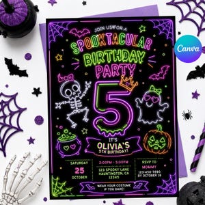 editable neon Halloween birthday invitation, kids spooky party invite, colorful Halloween birthday card, glowing ghost pumpkin invitation, editable Canva party template, neon costume party invite for kids, printable Halloween celebration, bright spooky birthday invitation, cute witch and bat party card, customizable digital Halloween invite, instant download birthday template, glow in the dark party invitation, fun Halloween birthday celebration, neon spooky season party