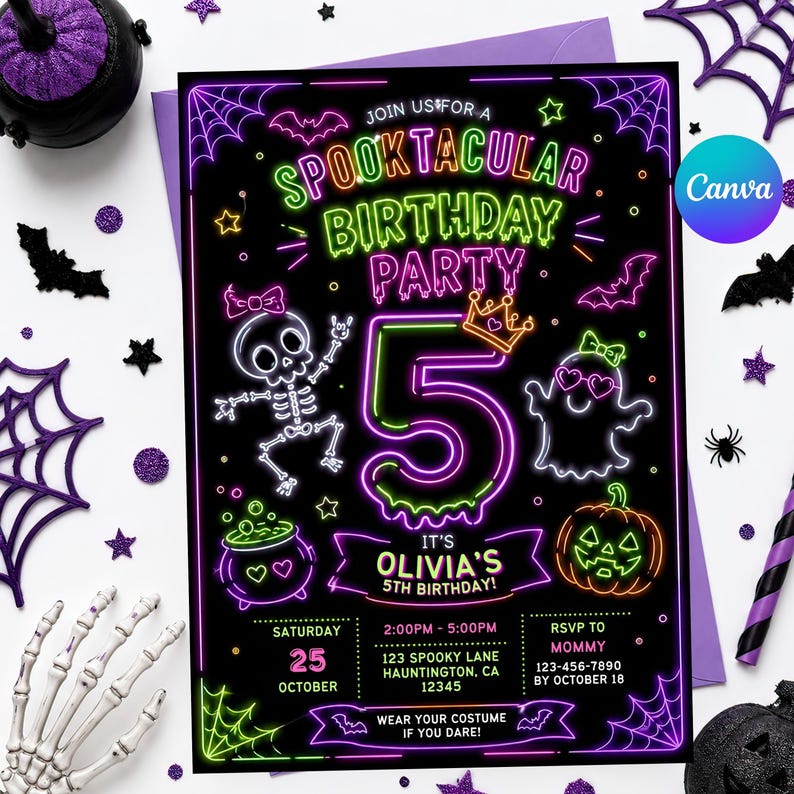 editable neon Halloween birthday invitation, kids spooky party invite, colorful Halloween birthday card, glowing ghost pumpkin invitation, editable Canva party template, neon costume party invite for kids, printable Halloween celebration, bright spooky birthday invitation, cute witch and bat party card, customizable digital Halloween invite, instant download birthday template, glow in the dark party invitation, fun Halloween birthday celebration, neon spooky season party