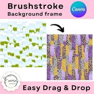 May include: Two digital seamless patterns with brushstroke designs. The first pattern is a light blue and green brushstroke design. The second pattern is a purple, gold, and brown brushstroke design with leopard print accents. The text "Easy Drag & Drop" is at the bottom of the image.