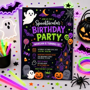 Halloween birthday invitation with cute ghosts, editable spooktacular kids party invite, ghost birthday Canva template, printable Halloween party invitation, friendly ghost celebration card, editable digital kids birthday invite, instant download spooky invitation, October birthday party template, children costume celebration invite, personalized Canva ghost card, fun Halloween birthday party, spooky cute ghost invitation, boys and girls party invite, custom editable template