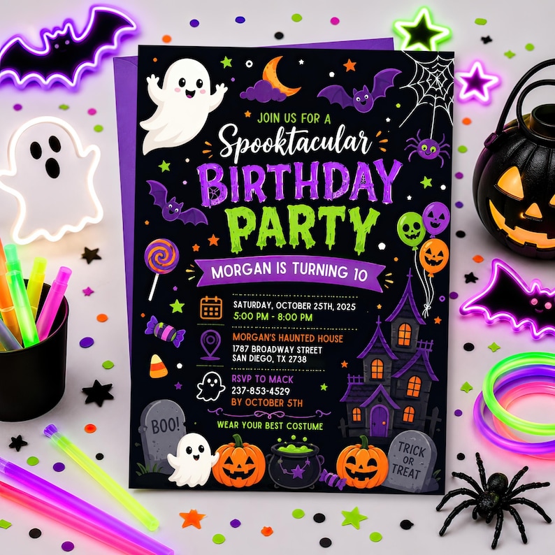 Halloween birthday invitation with cute ghosts, editable spooktacular kids party invite, ghost birthday Canva template, printable Halloween party invitation, friendly ghost celebration card, editable digital kids birthday invite, instant download spooky invitation, October birthday party template, children costume celebration invite, personalized Canva ghost card, fun Halloween birthday party, spooky cute ghost invitation, boys and girls party invite, custom editable template