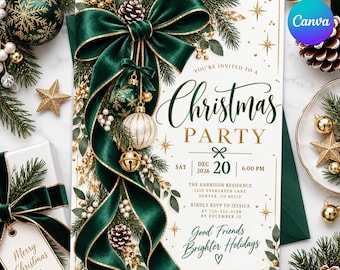 May include: A Christmas party invitation card featuring a large dark green velvet bow, pine branches, gold ornaments, and pinecones. The text reads: You're invited to a Christmas Party, Sat Dec 20 2026, 6:00 PM, The Harrison Residence, 1250 Evergreen Lane.
