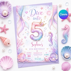 Mermaid Birthday Invitation, Five Birthday Invitations, Mermaid Tail Fourth Girls Summer, 5th Birthday, Shellabration Invite, M12