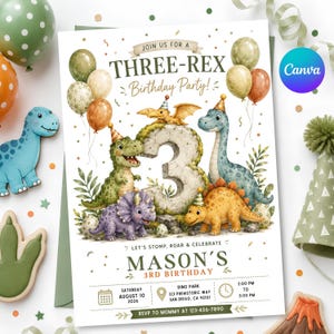 May include: A birthday invitation card featuring a large number three surrounded by cartoon dinosaurs wearing party hats. The text reads JOIN US FOR A THREE-REX BIRTHDAY PARTY, MASON'S 3RD BIRTHDAY, and includes event details for August 10, 2026.