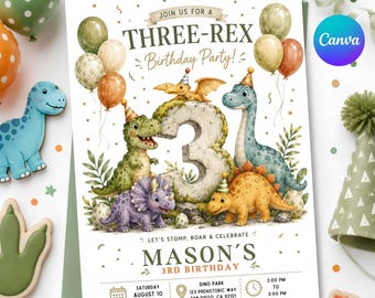 May include: A birthday invitation card featuring a large number three surrounded by cartoon dinosaurs wearing party hats. The text reads JOIN US FOR A THREE-REX BIRTHDAY PARTY, MASON'S 3RD BIRTHDAY, and includes event details for August 10, 2026.