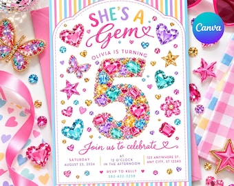 May include: A birthday invitation card featuring the text 'SHE'S A Gem', 'OLIVIA IS TURNING 5', and 'Join us to celebrate'. The design includes a large number 5 made of colourful gemstones, surrounded by heart, star, and butterfly icons.
