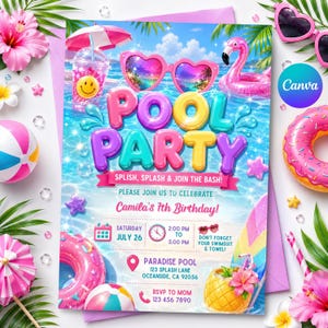 May include: A pool party invitation flyer featuring the text POOL PARTY, SPLISH, SPLASH & JOIN THE BASH!, PLEASE JOIN US TO CELEBRATE Camila's 7th Birthday!, SATURDAY JULY 26, 2:00 PM TO 5:00 PM, PARADISE POOL 123 SPLASH LANE OCEANSIDE, CA 92056.