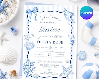 The Summer I Turned Pretty Birthday Invitation Template, Coastal Birthday Invitation, Beach Party Invite,  Editable Canva, US 12