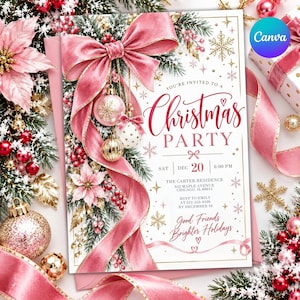 Könnte beinhalten: Eine rechteckige Einladungskarte für eine Weihnachtsfeier mit einer großen rosa Schleife, hängenden Ornamenten und Tannenzweigen. Der Text lautet: You're invited to a Christmas Party, Sat Dec 20, 6:00 PM, The Carter Residence, 842 Maple Avenue, Chicago, IL 60614.