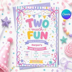 May include: A rectangular birthday invitation card featuring the text TWO MUCH FUN, JOIN US TO CELEBRATE, Harper's 2nd BIRTHDAY, and event details. The design includes colourful bunting, confetti, and ribbons in pink, purple, yellow, and teal colours.