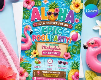 Aloha Pineapple Pool Birthday Invitation, Printable Luau Party Invitation, Tropical Summer Theme Card, Editable Canva Template, P2