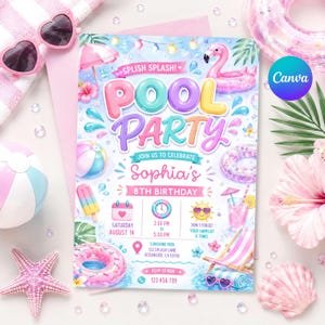May include: A rectangular pool party invitation card for Sophia's 8th birthday featuring colorful text, a pink flamingo float, beach ball, popsicle, and sun icons. The card includes event details like date, time, location, and RSVP phone number.