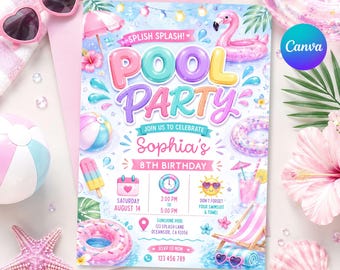 Pool Party Birthday Invitation, Summer Pool Party, Pool Party Birthday, Pool Party Invite, Teenage Birthday, Editable Canva Template, PL 32