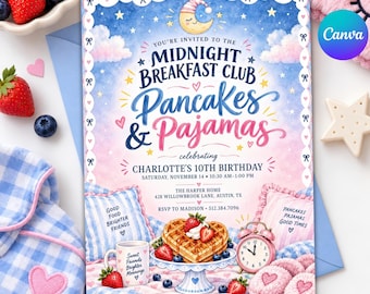 May include: A rectangular invitation card for a Midnight Breakfast Club Pancakes & Pajamas 10th birthday party. The design features a blue and pink sky, a crescent moon, waffles, a pink alarm clock, and text detailing the event info.