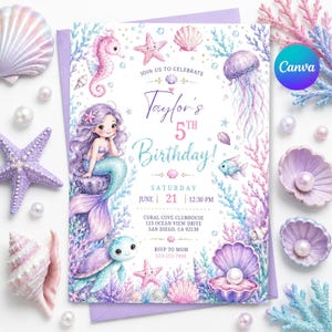 人魚の誕生日招待状、ダイブ・イントゥ・ファイブ招待状、アンダー・ザ・シー・パーティー、5歳の誕生日人魚招待状、5つの誕生日招待状、M20
