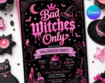 Puede incluir: Una invitación rectangular para una fiesta de Halloween con fondo negro y texto rosa neón Bad Witches Only. El diseño incluye ilustraciones de un sombrero de bruja, una escoba, gatos negros, un caldero y estrellas, con los detalles del evento.
