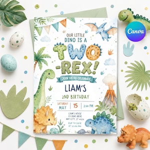 Puede incluir: Una tarjeta de invitación de cumpleaños rectangular con ilustraciones en acuarela de dinosaurios, un volcán y palmeras. El texto dice: Our little dino is a two-rex! Join us to celebrate Liam's 2nd birthday, Saturday May 15, 2:00 PM, at 777 Dino Drive.